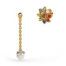 Load image into Gallery viewer, 18k Solid Yellow Gold Handmade Navratna White Pearl Earrings, Navratna Earrings, Nine Gemstone Earrings, Gemstone Earrings - Jalvi & Co.