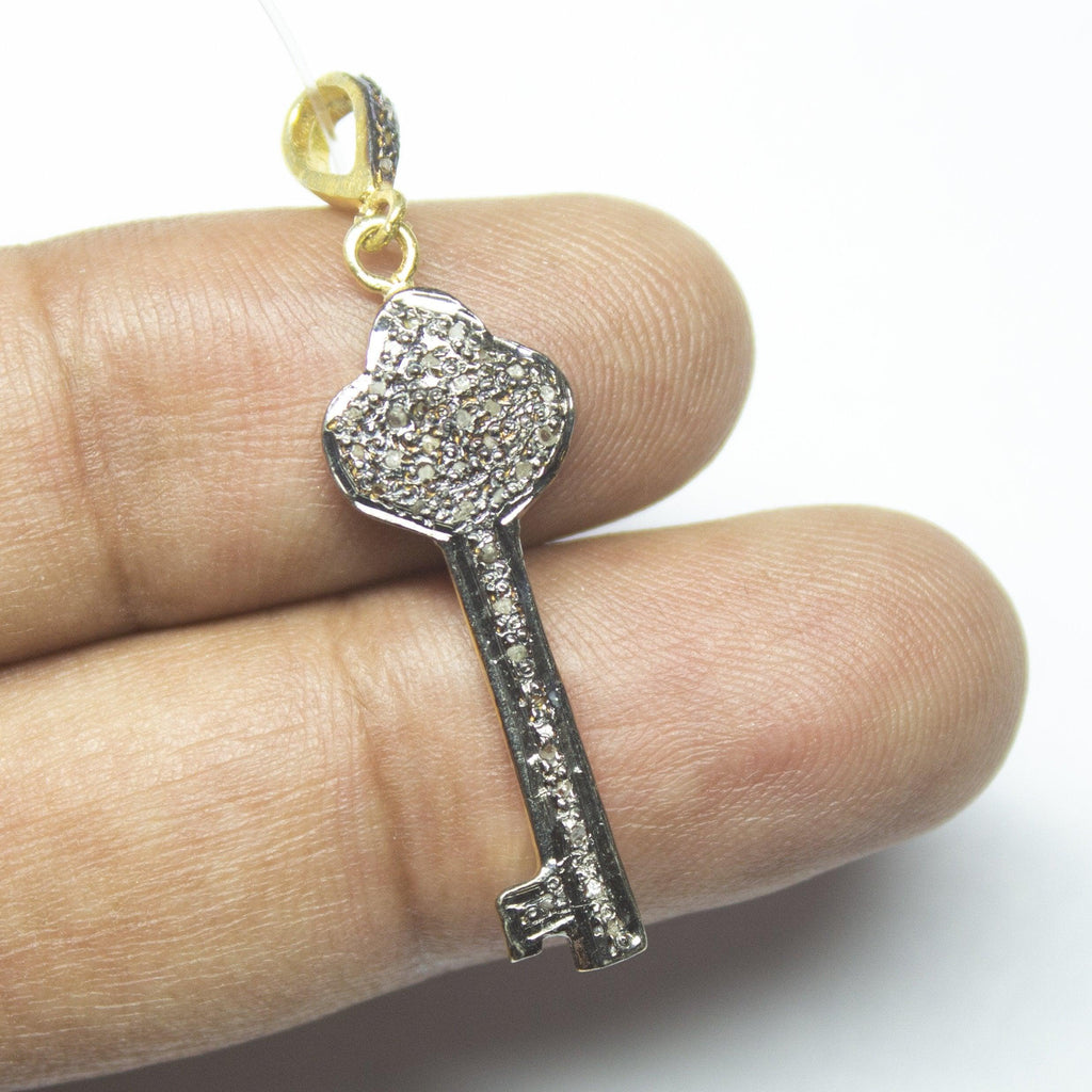 1pc Key Pave Diamond 925 Sterling Silver Gold Vermeil Charm Pendant 45mmx11mm - Jalvi & Co.