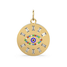 Load image into Gallery viewer, 20mm Rainbow Evil Eye Enamel Baguette Diamond 18k Solid Gold Charm Pendant / Diamond Pendant, Emerald Charm Finding, Solid Gold Ruby Charm - Jalvi & Co.