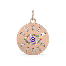 Load image into Gallery viewer, 20mm Rainbow Evil Eye Enamel Baguette Diamond 18k Solid Gold Charm Pendant / Diamond Pendant, Emerald Charm Finding, Solid Gold Ruby Charm - Jalvi & Co.