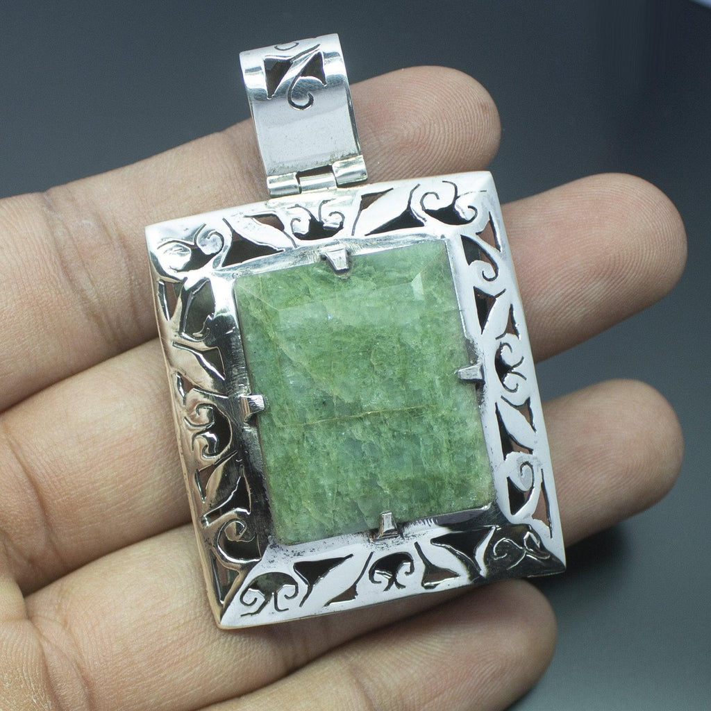 22.5g, Totally Handmade Natural Green Emerald Rectangle Shape 925 Sterling Silver Pendant - Jalvi & Co.