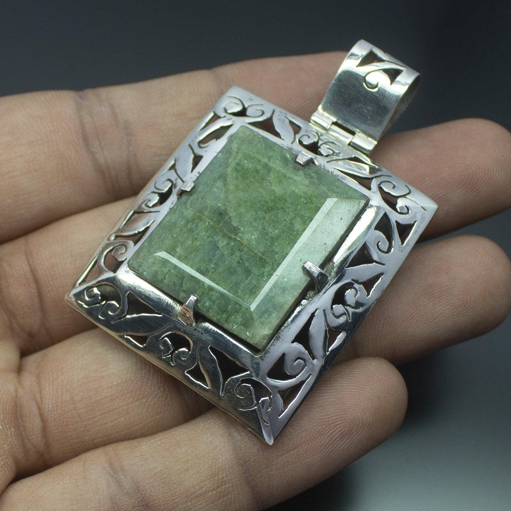 22.5g, Totally Handmade Natural Green Emerald Rectangle Shape 925 Sterling Silver Pendant - Jalvi & Co.
