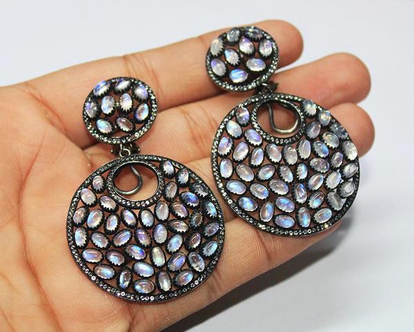 23.2g Rainbow Moonstone and White Topaz Brilliant Quality .925 Sterling Silver Earrings - Jalvi & Co.