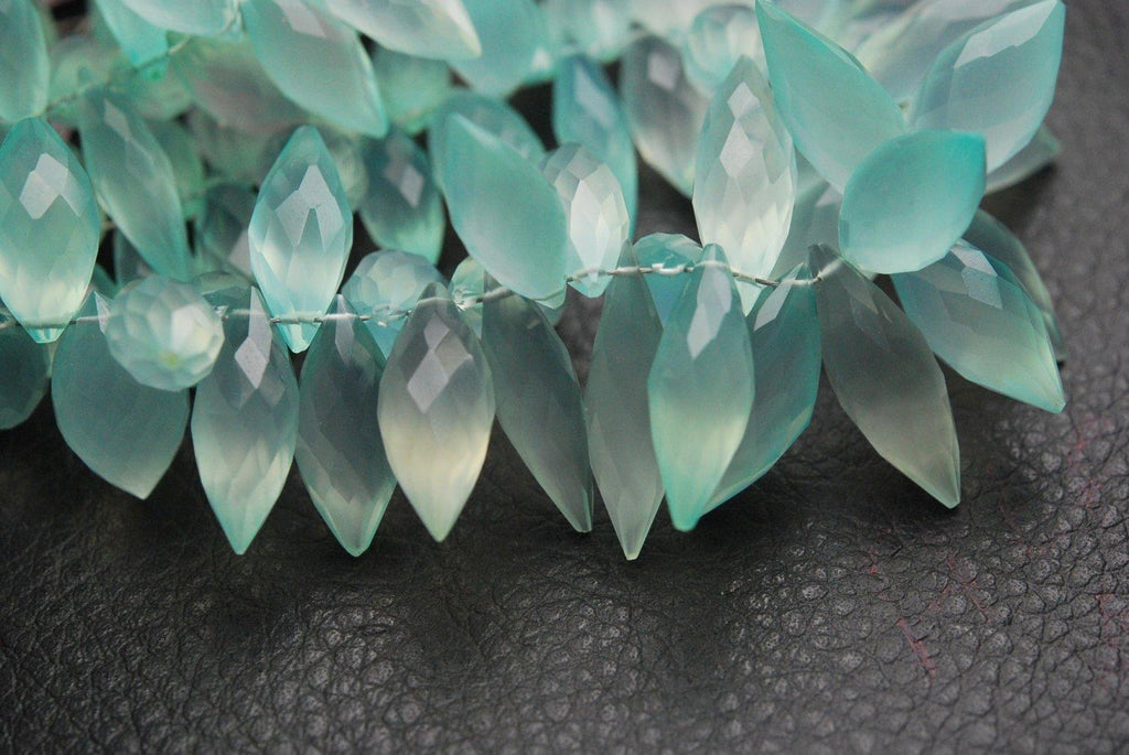 30 Pcs Of ,Super Finest, Super Rare Shape, Aqua Chalcedony Faceted Dew Drops Briolettes 11-13mm Large Size - Jalvi & Co.