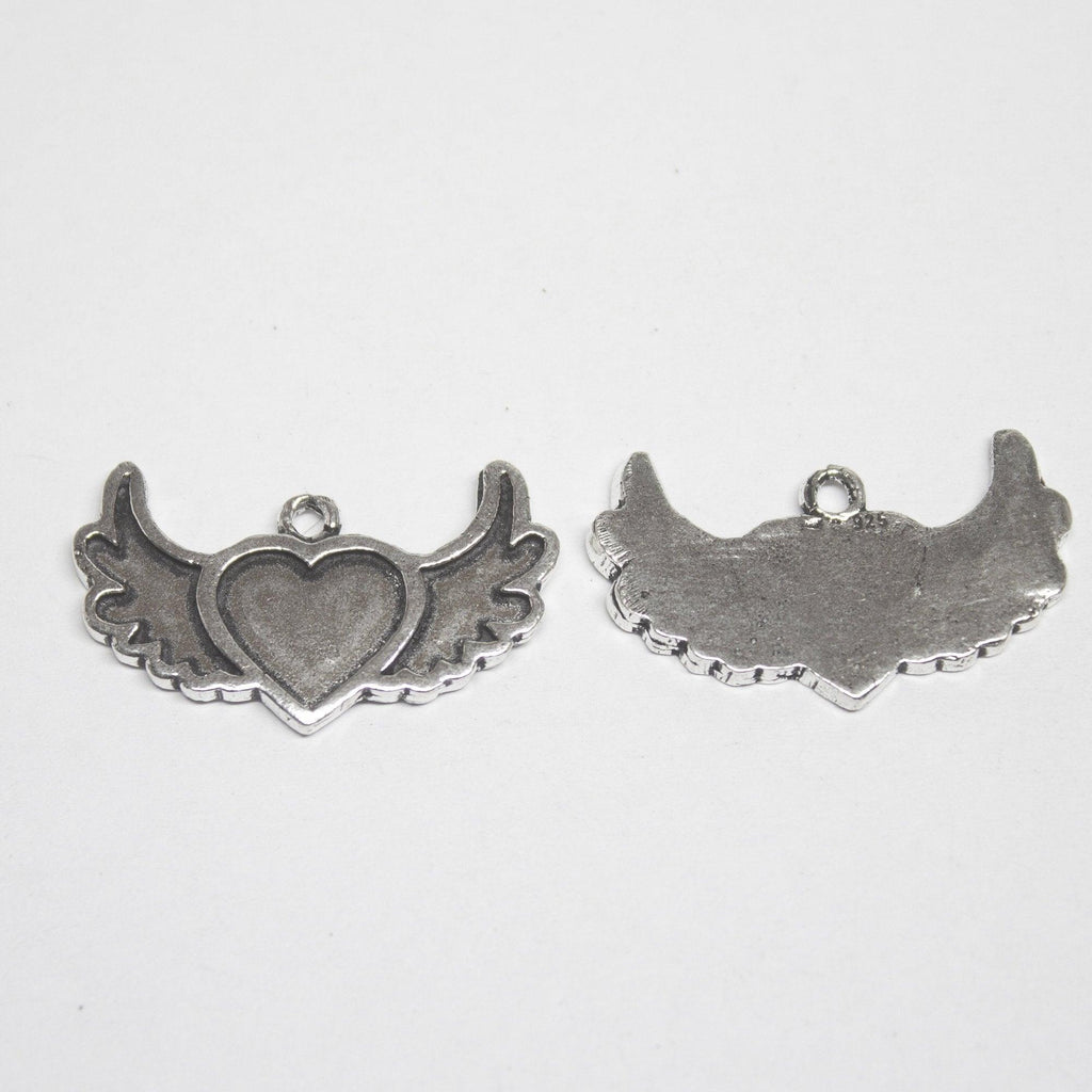 6 Heart Charms Antique Silver Tone Heart Wings Charm - Jalvi & Co.