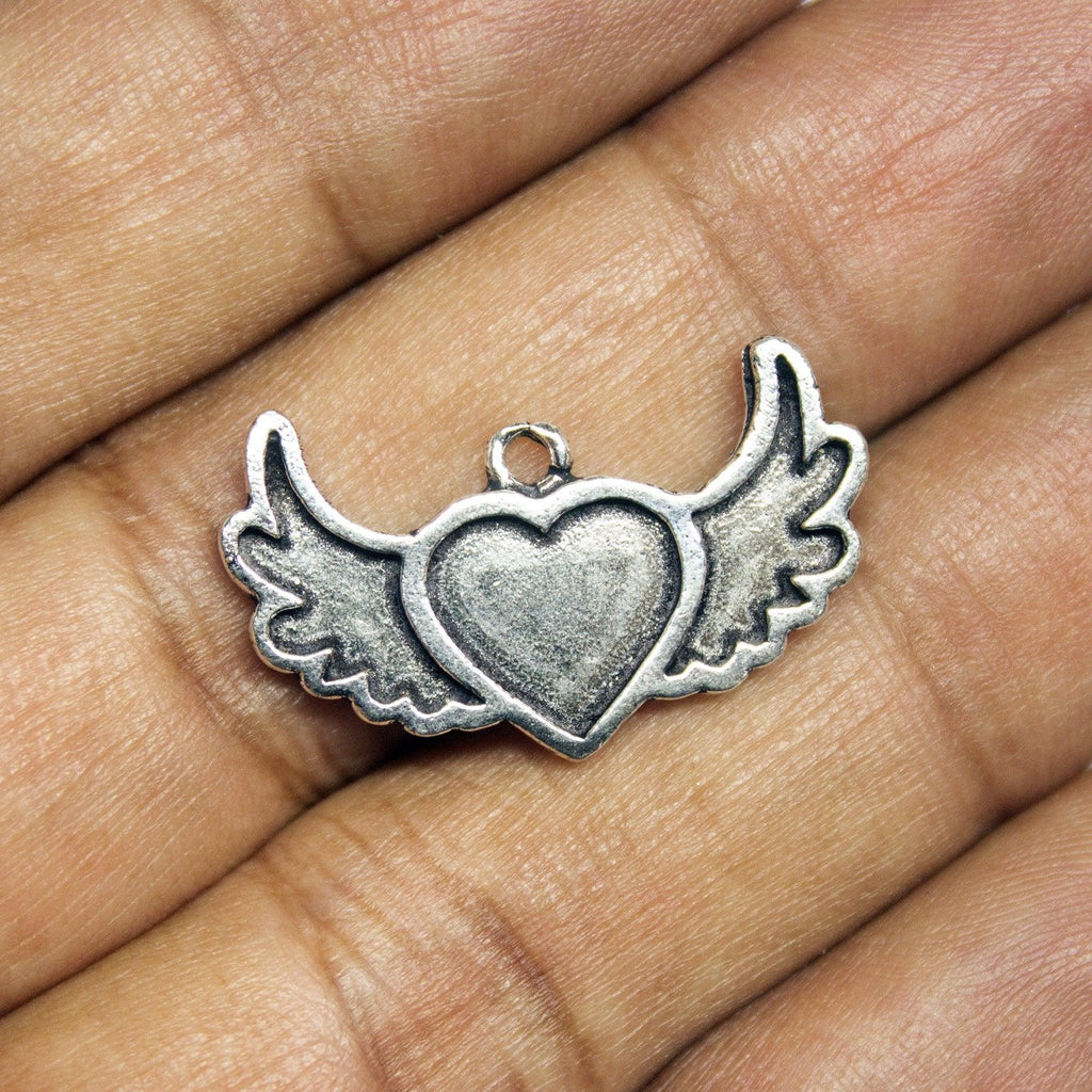 6 Heart Charms Antique Silver Tone Heart Wings Charm - Jalvi & Co.