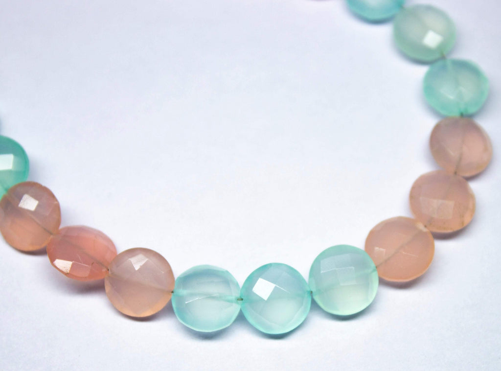 7" Full Strand, Aqua Blue and Rose Chalcedony Faceted Round Coin Shape Gemstone Beads, Chalcedony Beads, 10mm - Jalvi & Co.