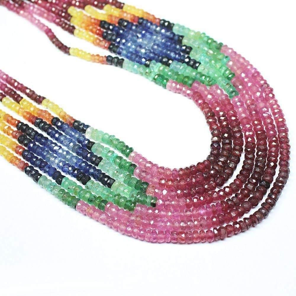 7 strand Ruby Emerald Sapphire Faceted Rondelle Gemstone Necklace 19" 3mm 4mm - Jalvi & Co.