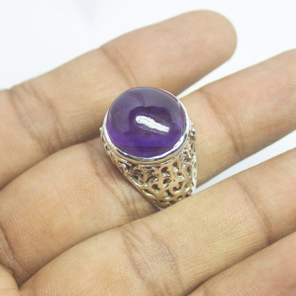 8.66g, Handmade Natural Purple Amethyst Round Cabochon 925 Sterling Silver Ring - Jalvi & Co.