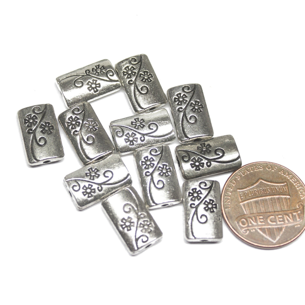 8 Rectangle Spacer Bead Silver Tone Floral 2 Sided - Jalvi & Co.