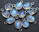92.5 Sterling Silver,Rainbow Moonstone Smooth Oval Shape Connector, 5 Piece 13-14mm Approx