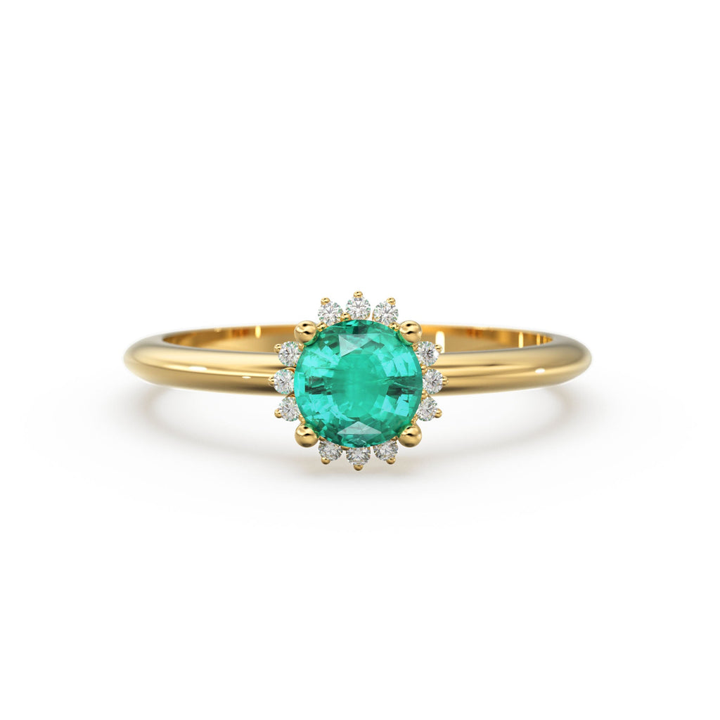 0.80 Carat Green Emerald Luxury Engagement Ring / Snowflake Dainty Gold Green Emerald Ring / Halo Ring / Dainty Diamond Gemstone Cocktail Ring