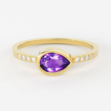 Load image into Gallery viewer, Amethyst Diamond Ring / 14k Gold Pear Amethyst &amp; Round Diamond Prong Ring / Diamond Statement Ring / Diamond Wedding Band - Jalvi &amp; Co.