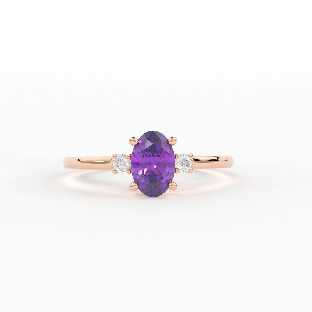 Amethyst Ring / Amethyst Engagement Ring in 14k Gold / Oval Cut Natural Amethyst Diamond Ring / February Birthstone / Promise Ring - Jalvi & Co.