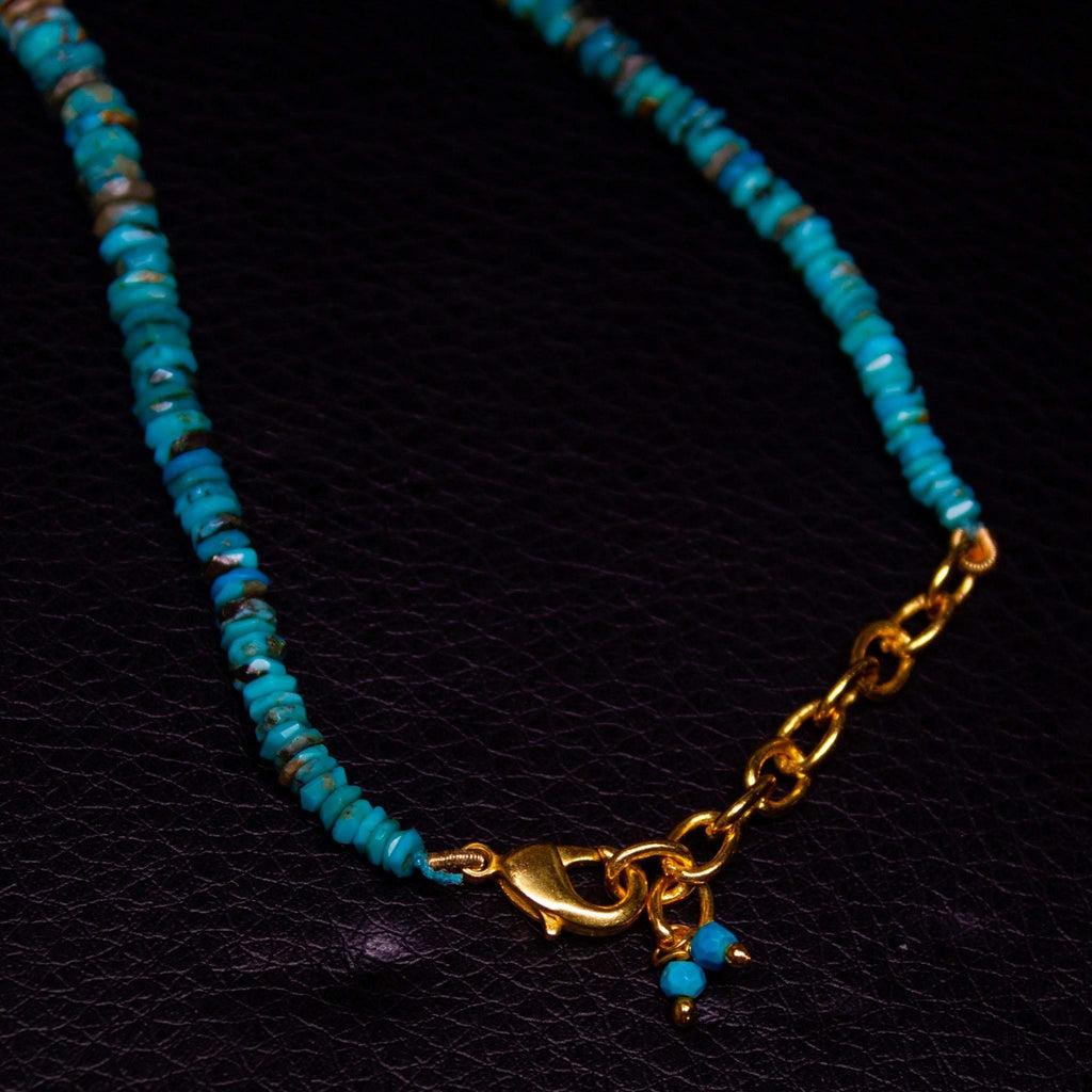 Arizona Turquoise Heishi Wheel Gold vermeil Gemstone Beaded Necklace 17" 3mm 9mm - Jalvi & Co.