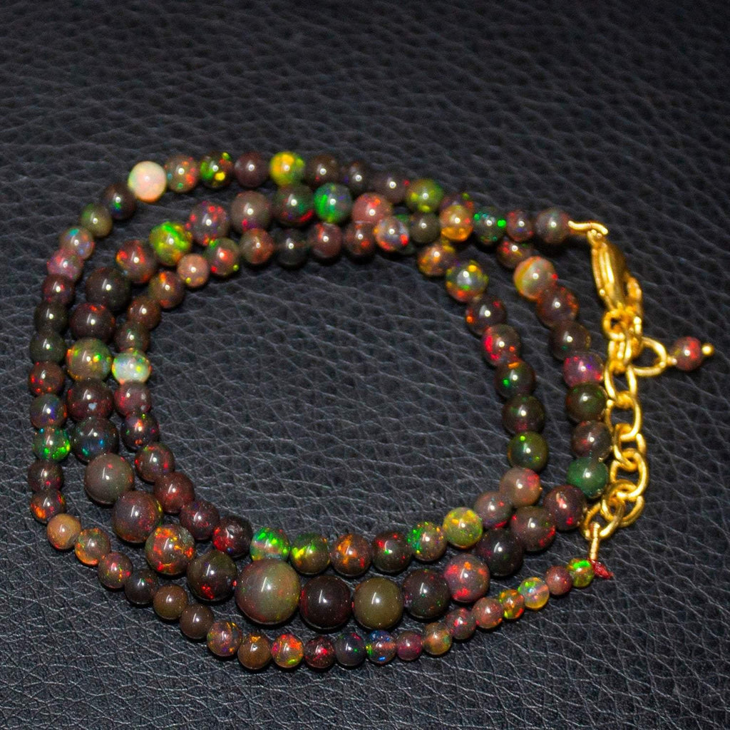 Black Ethiopian Opal Round Ball Gold Vermeil Gemstone Beads Necklace 3mm 7mm 20" - Jalvi & Co.