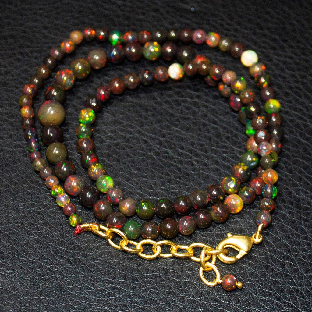 Black Ethiopian Opal Round Ball Gold Vermeil Gemstone Beads Necklace 3mm 7mm 20" - Jalvi & Co.