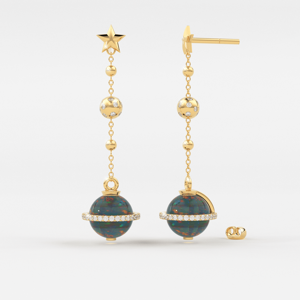 Black Opal Planet Earrings / Opal Drop Earrings / Saturn Diamond Earrings / Natural Opal Dangle Earrings / Luxury Jewelry - Jalvi & Co.