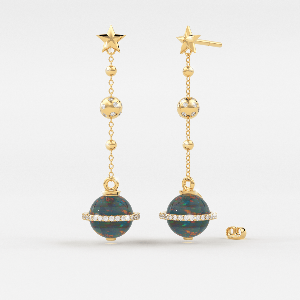 Black Opal Planet Earrings / Opal Drop Earrings / Saturn Diamond Earrings / Natural Opal Dangle Earrings / Luxury Jewelry - Jalvi & Co.