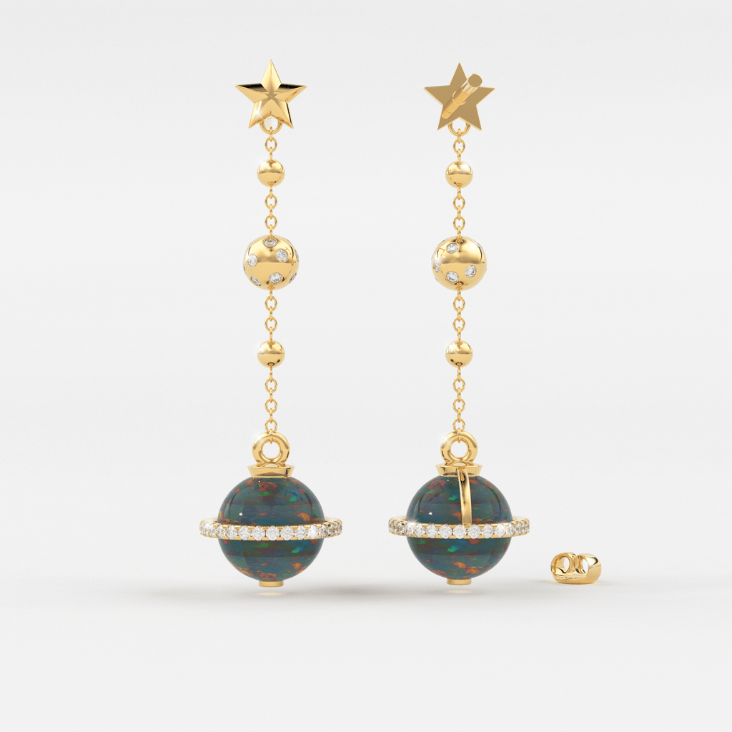 Black Opal Planet Earrings / Opal Drop Earrings / Saturn Diamond Earrings / Natural Opal Dangle Earrings / Luxury Jewelry - Jalvi & Co.