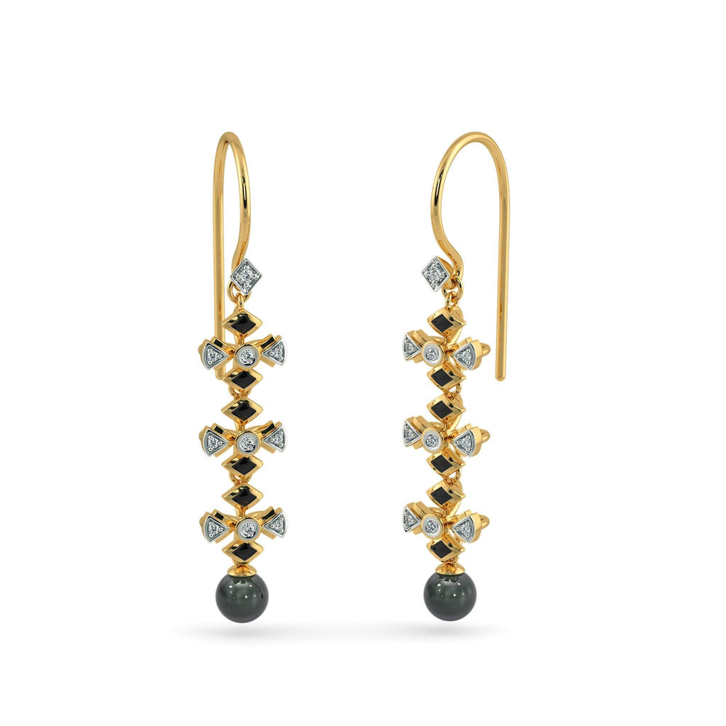 Black Pearl 18k Solid Yellow Gold Handmade Geometric Diamond Earrings, Pearl Earrings, Gold Earrings, Diamond Earrings - Jalvi & Co.