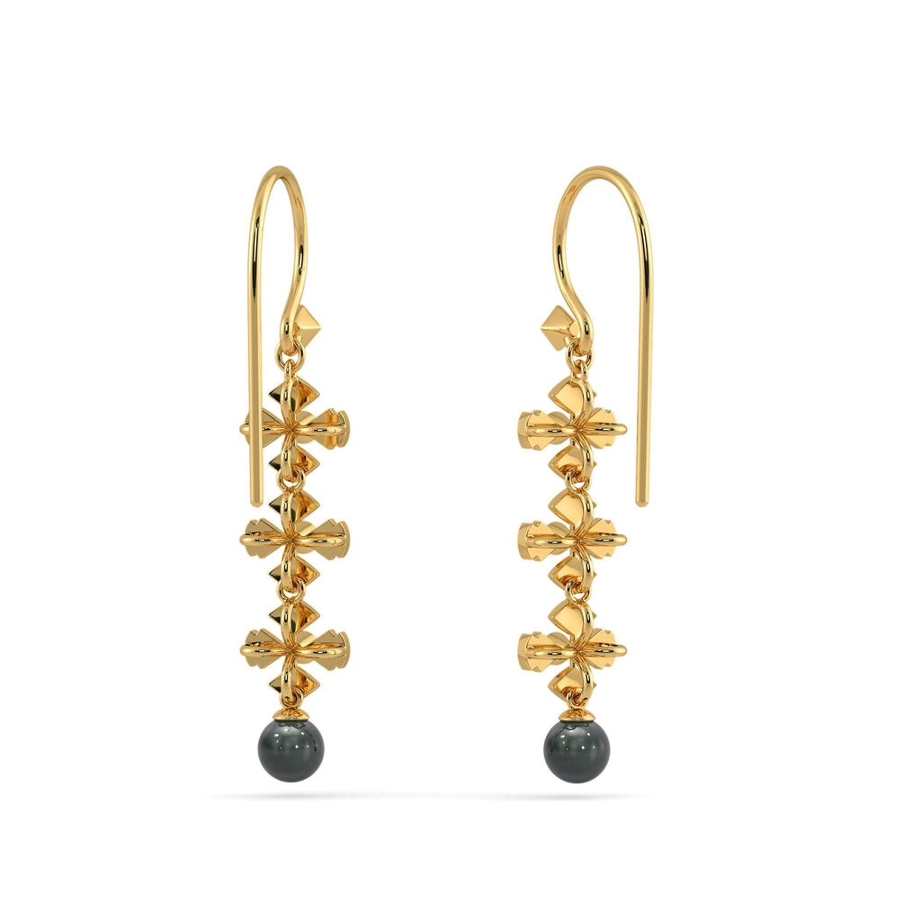 Black Pearl 18k Solid Yellow Gold Handmade Geometric Diamond Earrings, Pearl Earrings, Gold Earrings, Diamond Earrings - Jalvi & Co.