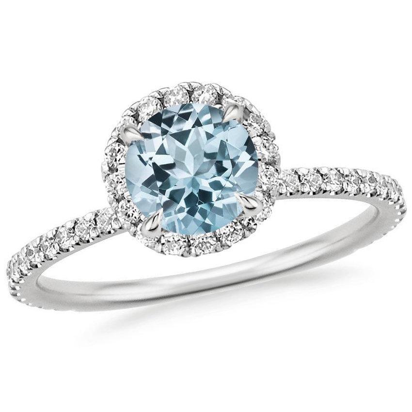 Blue Aquamarine Diamond Ring 18K White Gold Waverly Round 6mm - Jalvi & Co.