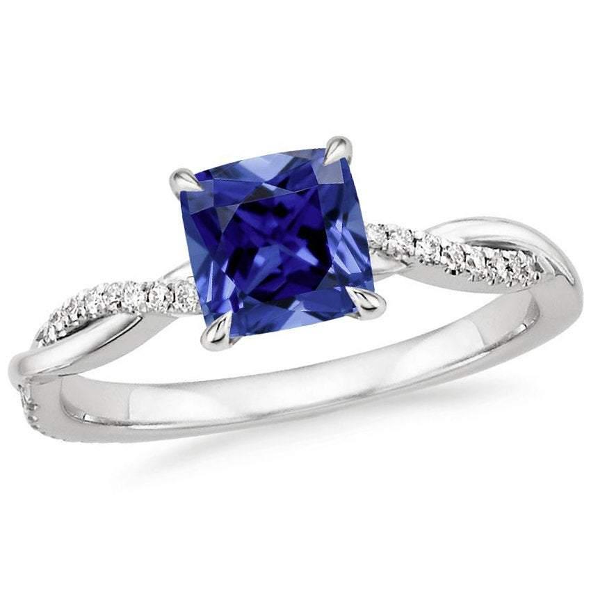 Blue Sapphire Diamond Ring 18K White Gold Petite Twisted Vine 6mm Cushion - Jalvi & Co.