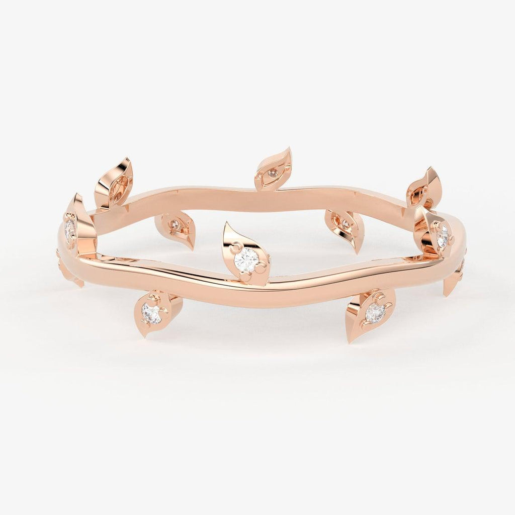 Brilliant Diamond Band in 14k Gold / Round Diamond Ring / Round Gold Band White Diamond Ring / Leaf Diamond Wedding Band - Jalvi & Co.