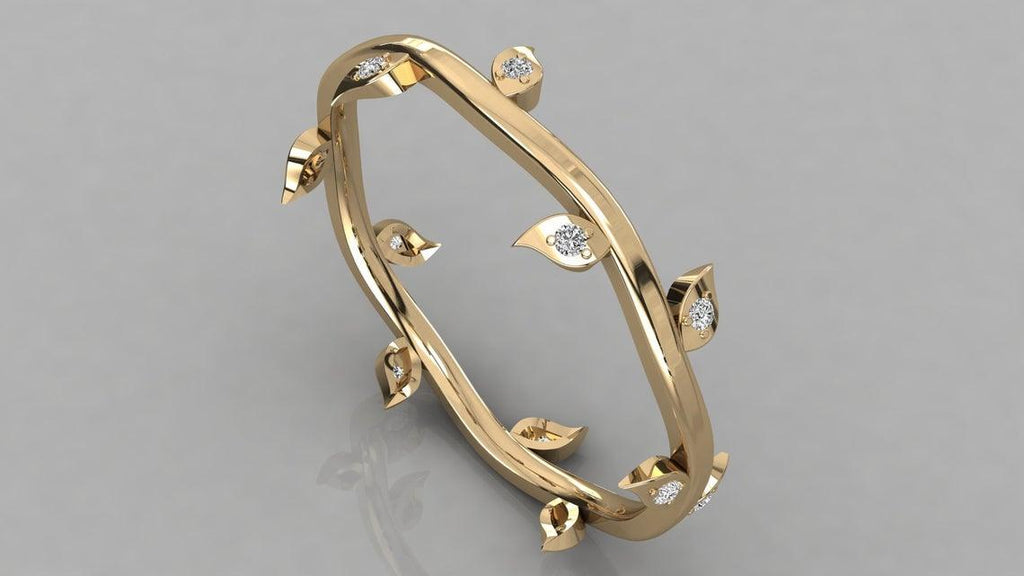 Brilliant Diamond Band in 14k Gold / Round Diamond Ring / Round Gold Band White Diamond Ring / Leaf Diamond Wedding Band - Jalvi & Co.