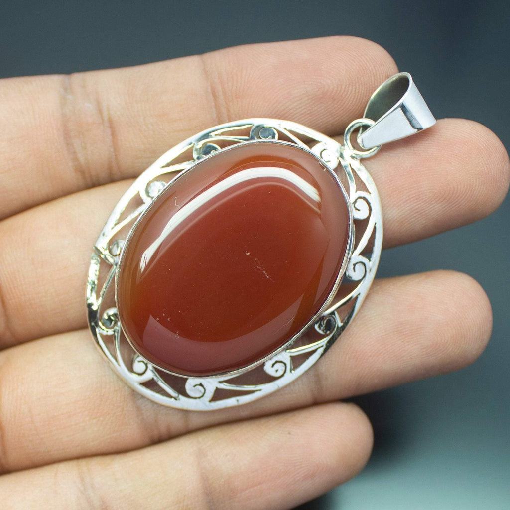 Christmas Gift, 18g, Totally Handmade Natural Red Onyx Oval Shape 925 Sterling Silver Pendant - Jalvi & Co.