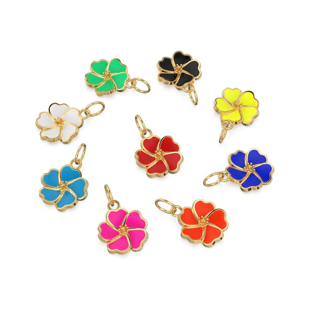 Dainty Hibiscus Solid Gold Enamel Charm / Tropical Flower Gold Enamel Pendant / Hawaiian Inspired Jewelry for Necklace Bracelet Earring - Jalvi & Co.