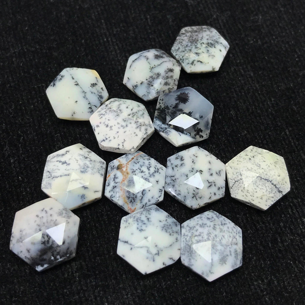 Dendrite Opal Faceted Hexagon White Gemstone Loose Beads Pair 15pcs 10mm - Jalvi & Co.