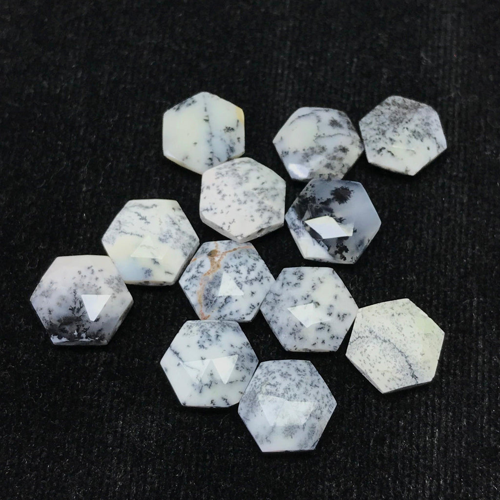 Dendrite Opal Faceted Hexagon White Gemstone Loose Beads Pair 15pcs 10mm - Jalvi & Co.