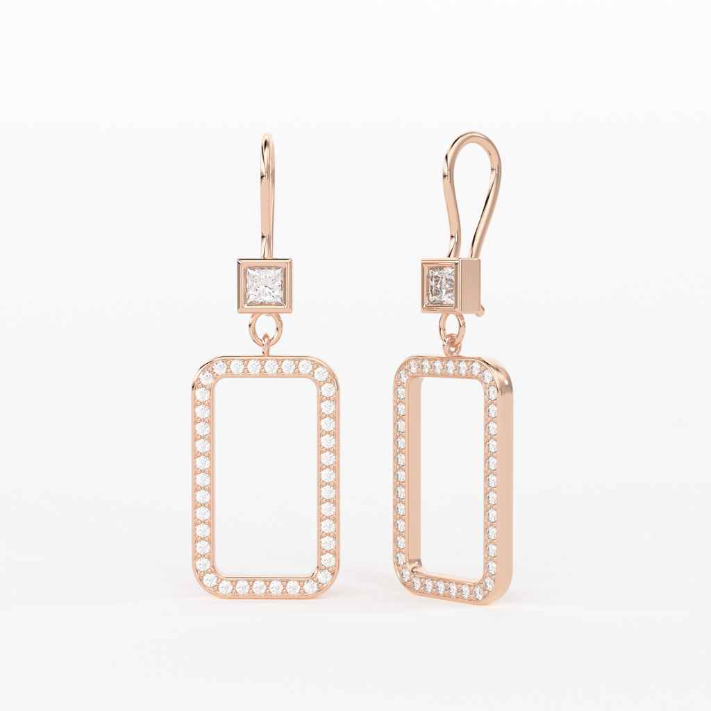 Diamond Princess Cut Link Diamond Dangle Earrings / 14K Solid Gold Earring / Pave Diamond Earrings / Link Chain Dangle Drop Earrings / Gift for Her - Jalvi & Co.