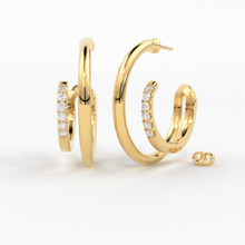 Load image into Gallery viewer, Diamond Twin Hoop Earrings / Diamond Huggies / 14k Solid Gold Huggie Earring / Big Hoop Earrings / 14MM Diamond Hoop Earrings / Gift For Her - Jalvi &amp; Co.