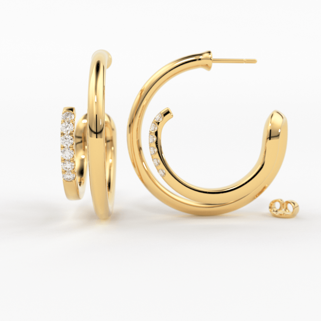 Diamond Twin Hoop Earrings / Diamond Huggies / 14k Solid Gold Huggie Earring / Big Hoop Earrings / 14MM Diamond Hoop Earrings / Gift For Her - Jalvi & Co.