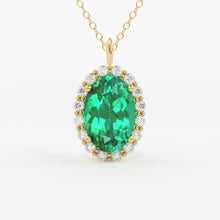 Load image into Gallery viewer, Emerald Necklace / 14k Classic Oval Cut Emerald with Surrounding Diamonds / Natural Emerald Necklace 14k Solid Gold / Diamond Halo Necklace - Jalvi &amp; Co.