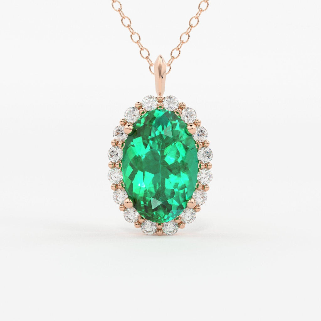 Emerald Necklace / 14k Classic Oval Cut Emerald with Surrounding Diamonds / Natural Emerald Necklace 14k Solid Gold / Diamond Halo Necklace - Jalvi & Co.