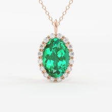 Load image into Gallery viewer, Emerald Necklace / 14k Classic Oval Cut Emerald with Surrounding Diamonds / Natural Emerald Necklace 14k Solid Gold / Diamond Halo Necklace - Jalvi & Co.