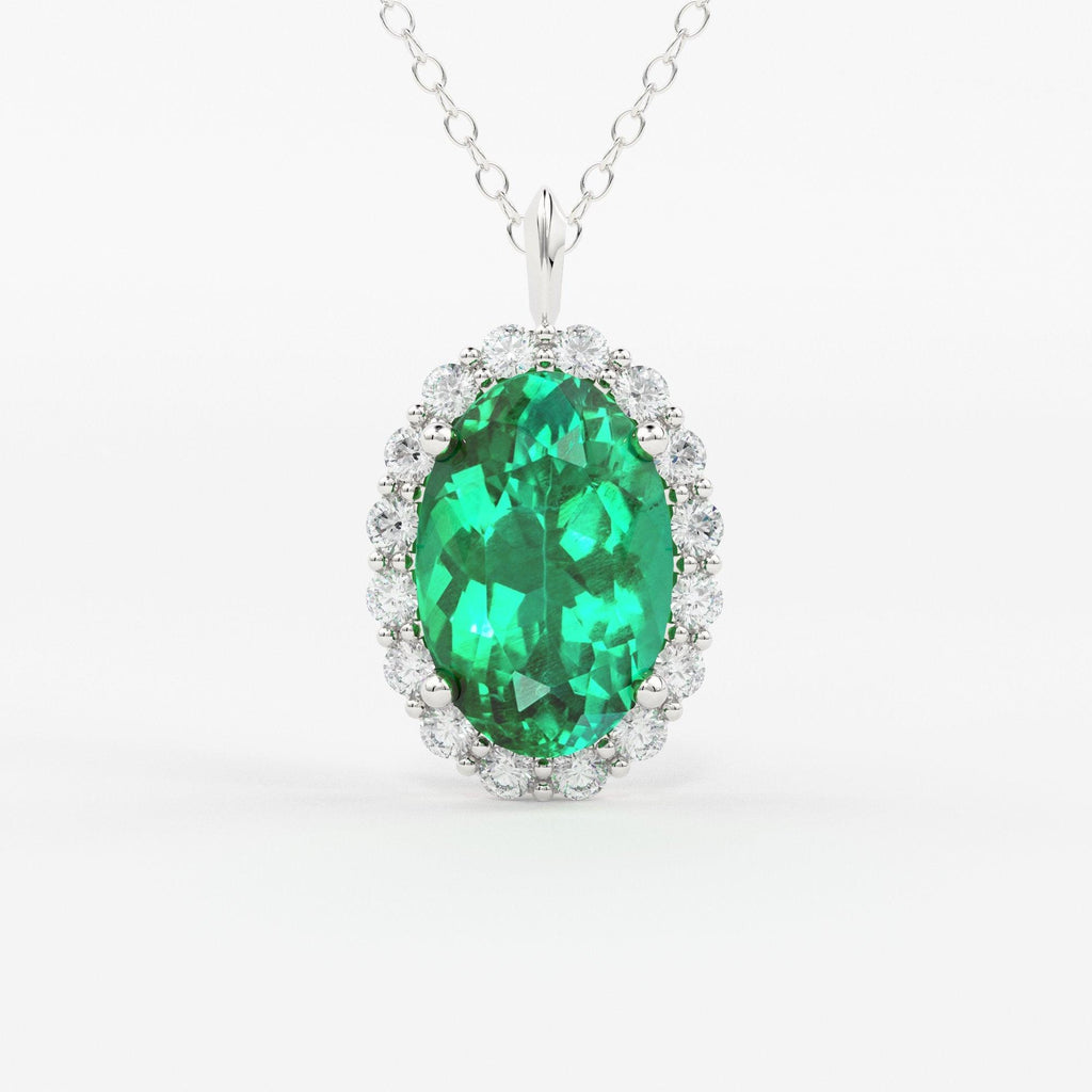 Emerald Necklace / 14k Classic Oval Cut Emerald with Surrounding Diamonds / Natural Emerald Necklace 14k Solid Gold / Diamond Halo Necklace - Jalvi & Co.