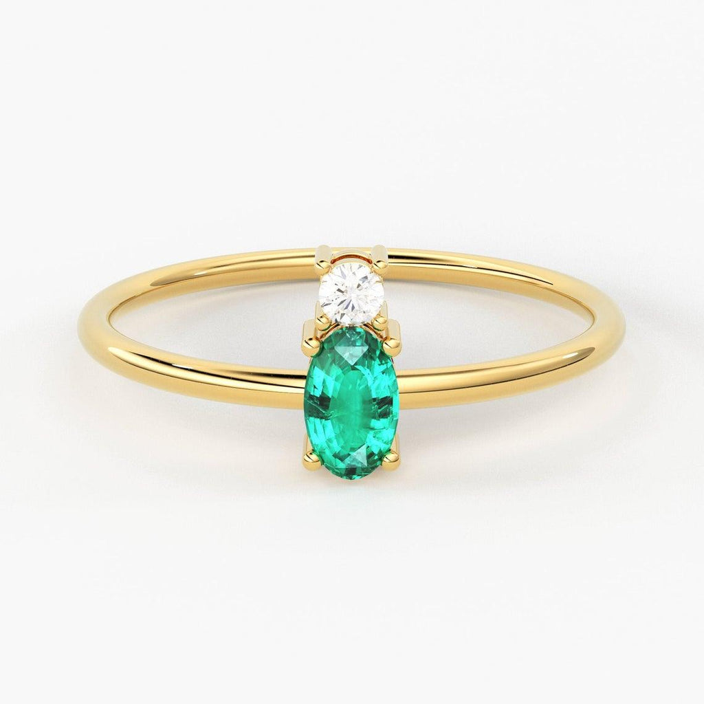 Emerald Ring / Emerald Engagement Ring in 14k Gold / Oval Cut Natural 2 Stone Emerald Diamond Ring / May Birthstone / Promise Ring - Jalvi & Co.