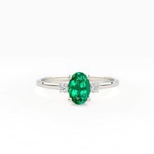 Load image into Gallery viewer, Emerald Ring / Emerald Engagement Ring in 14k Gold / Oval Cut Natural 3 Stone Emerald Diamond Ring / May Birthstone / Promise Ring - Jalvi & Co.