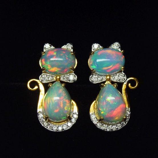 Ethiopian Solid Opal Diamond 18k Solid Yellow Gold Kitty Cat Bow Stud Earrings, Designer Earrings, Cute Earrings - Jalvi & Co.