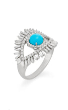 Load image into Gallery viewer, Evil Eye Turquoise and White Baguette Diamonds 18k Solid White Gold Ring - Jalvi &amp; Co.