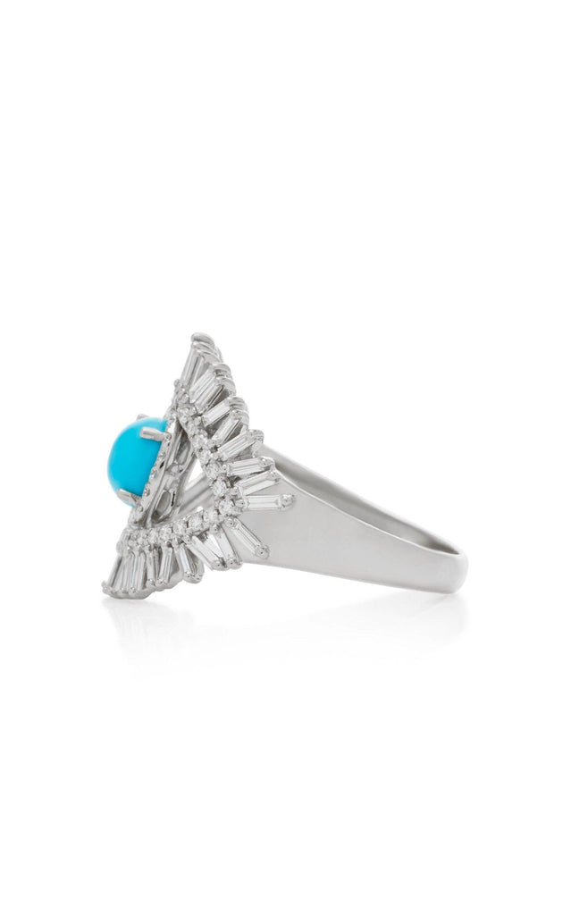 Evil Eye Turquoise and White Baguette Diamonds 18k Solid White Gold Ring - Jalvi & Co.
