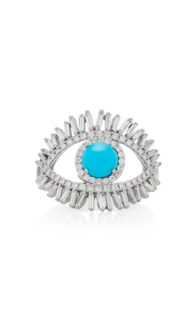 Evil Eye Turquoise and White Baguette Diamonds 18k Solid White Gold Ring - Jalvi & Co.