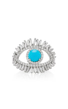 Load image into Gallery viewer, Evil Eye Turquoise and White Baguette Diamonds 18k Solid White Gold Ring - Jalvi & Co.