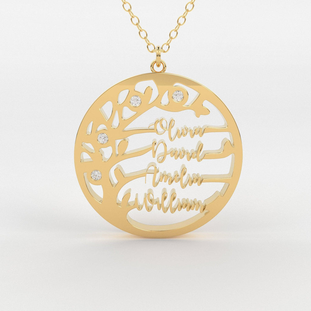 Family Name Necklace / 14k Gold Family Tree Necklace / Diamond Disc Necklace / Multiple Names Necklace / Personalized Necklace /Gift for her - Jalvi & Co.