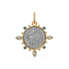 Load image into Gallery viewer, Large Ancient Mauryan Sterling Silver Coin Diamond Solid Gold Pendant / 18K Sapphire Marquise Diamond Green Emerald 14k Gold Charm Necklace - Jalvi &amp; Co.
